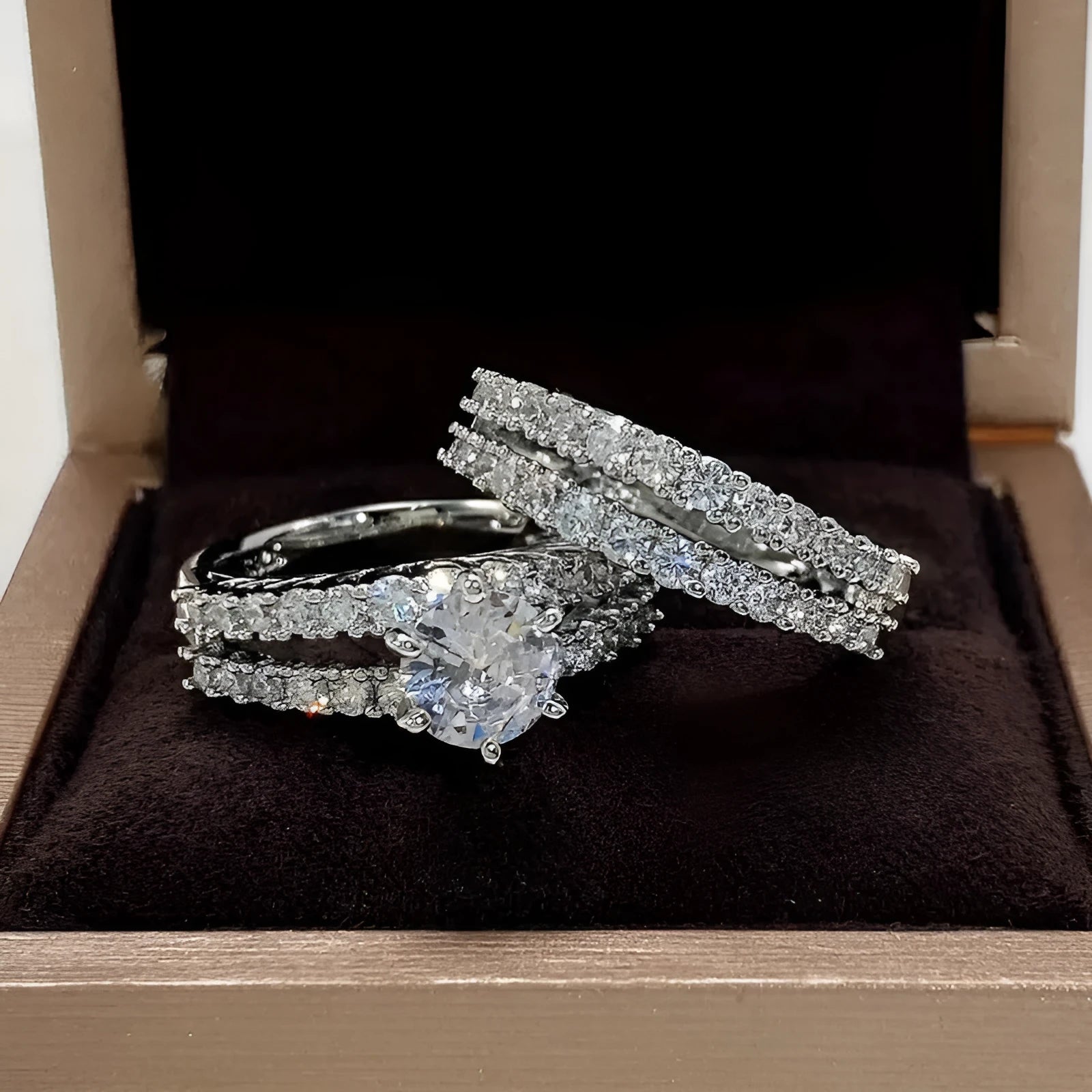 2-in-1 women's fashion ring set with fully set round stones in silver, gold, or rose gold finish