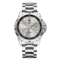 Men's silver case quartz watch with luminous hands and stainless steel strap