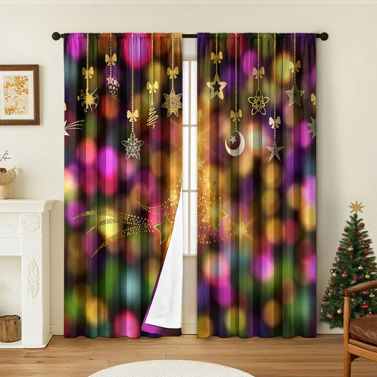 Pair of 3D digitally printed Christmas pattern polyester curtains hanging on a window.