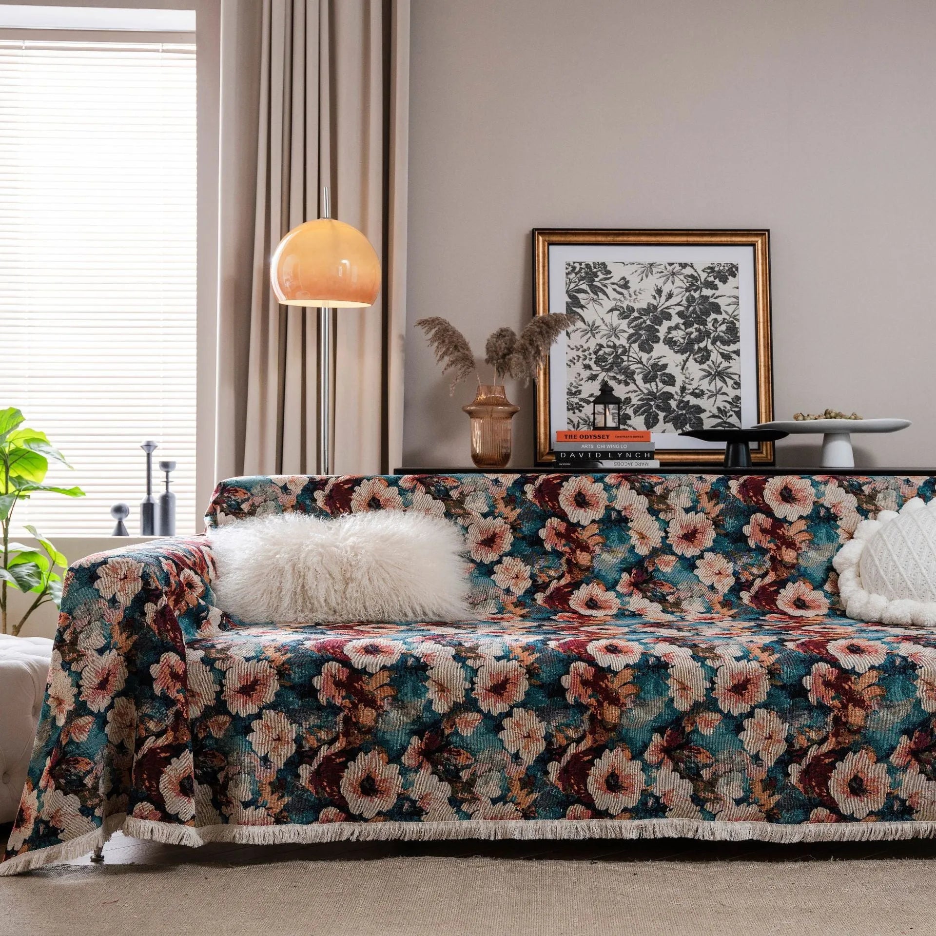 American country style jacquard sofa cover in a thick fabric, shown on a sofa.