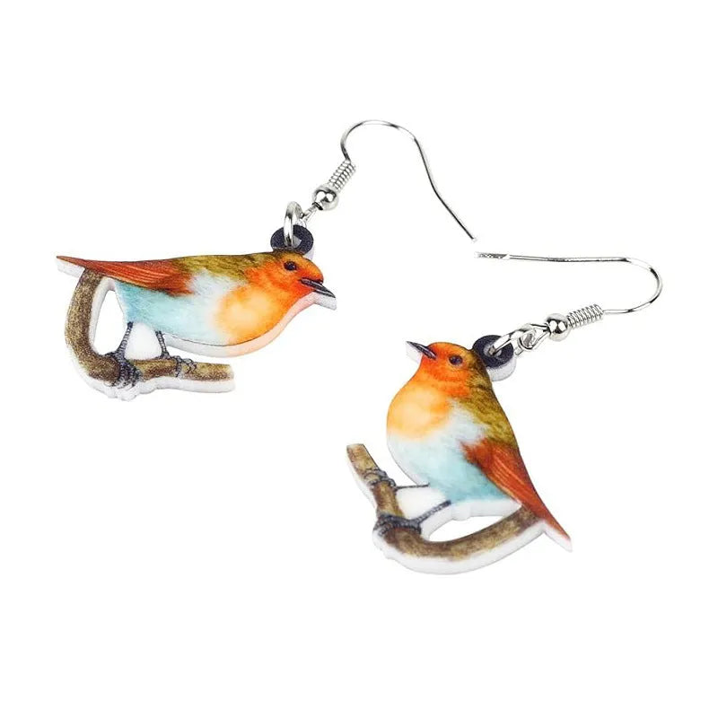 Blue titmouse pendant earrings printed on clear acrylic with animal geometry and snake design elements