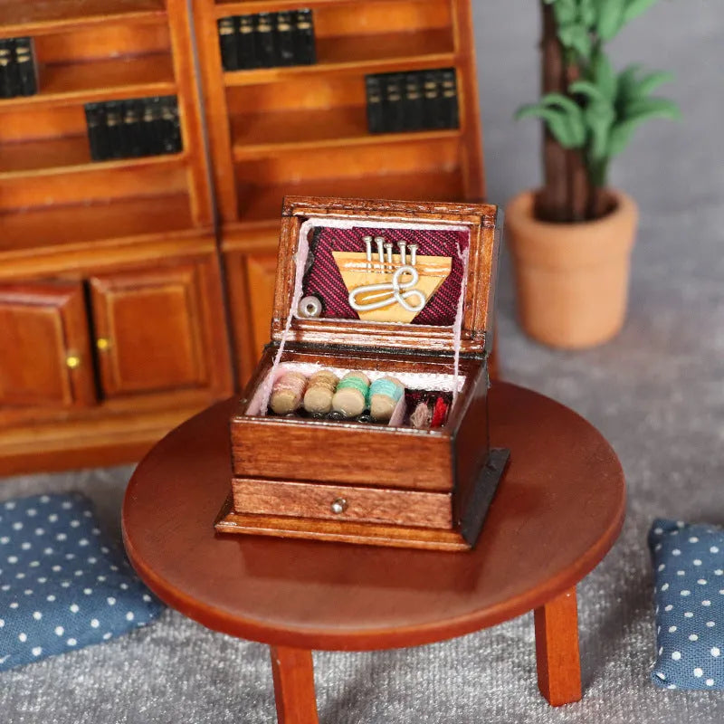 Miniature European style birch wood sewing box accessory for vintage sewing machines