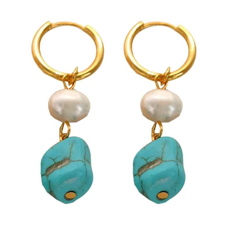 Geometric copper clip earrings with irregular turquoise stones and cultured pearls in European style