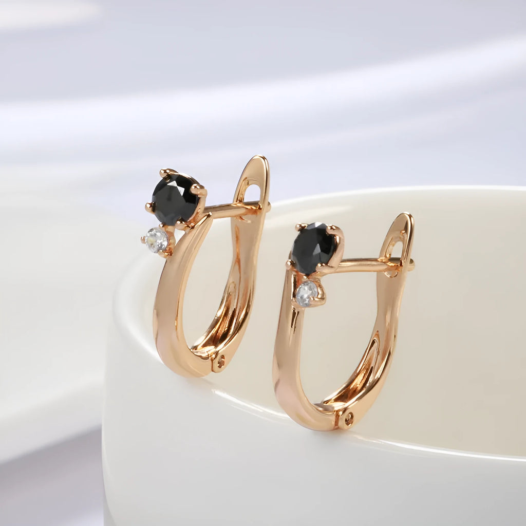 Black agate drop earrings with geometric retro design in gold-plated copper