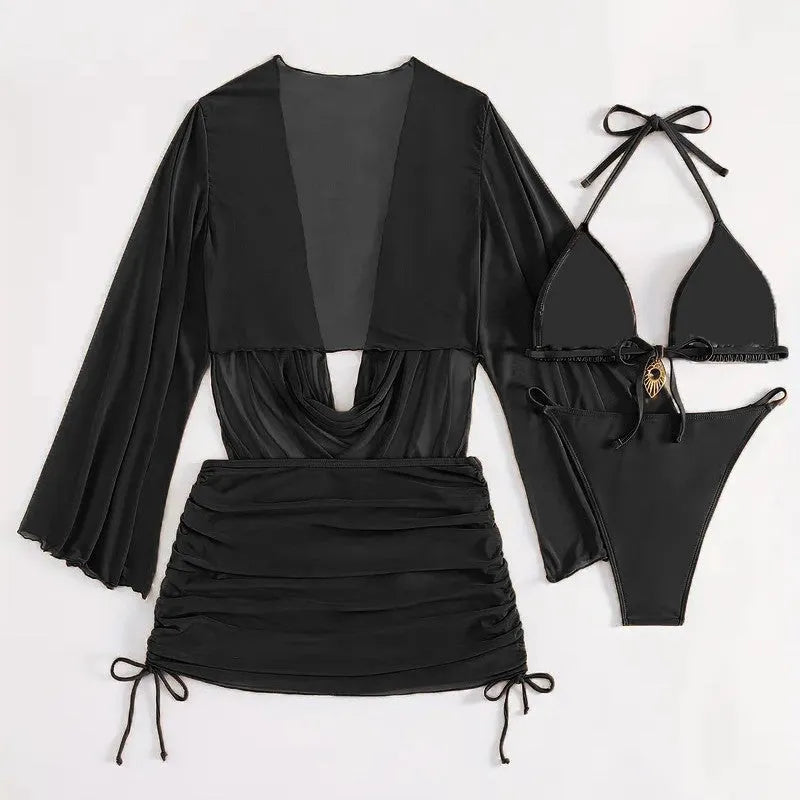 Women's black lace-up back bikini swimsuit laid flat, showing two-piece design and adjustable lacing.