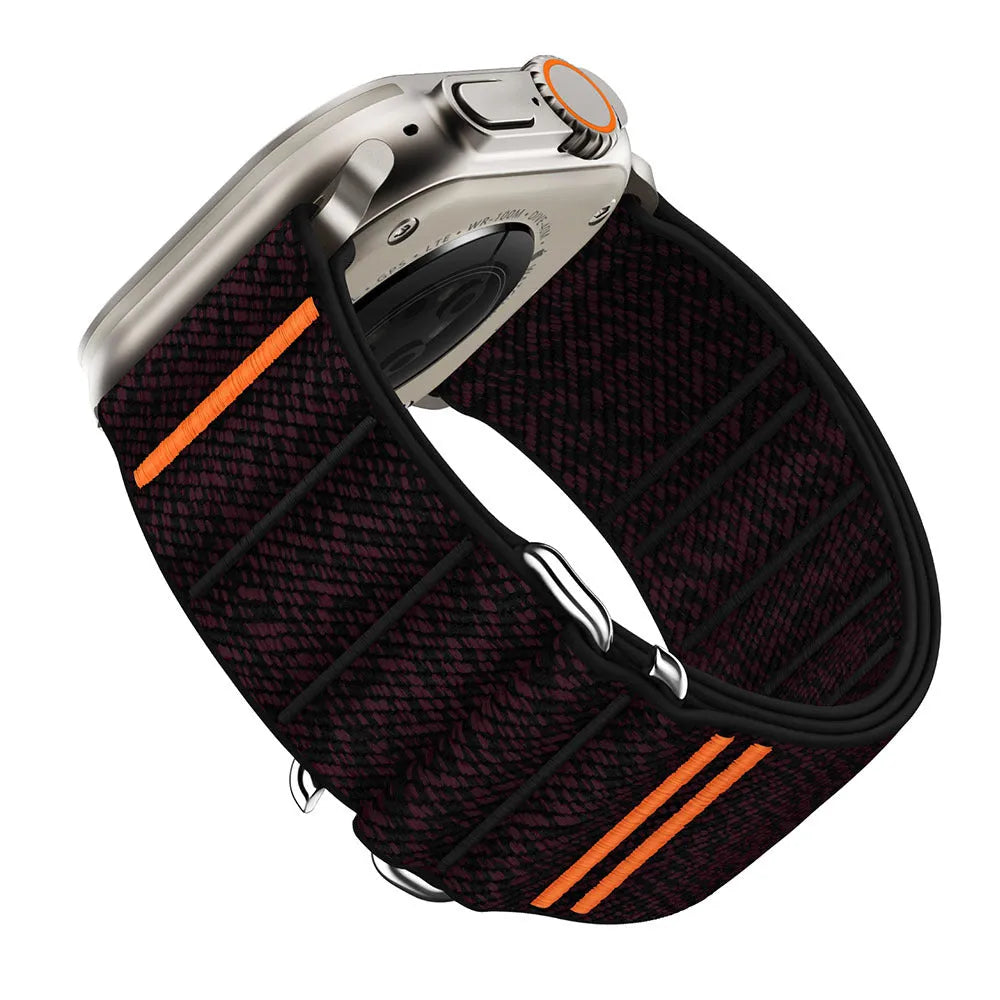 Elastic nylon watchband with stainless steel buckle for Apple Watch in multiple colour options.