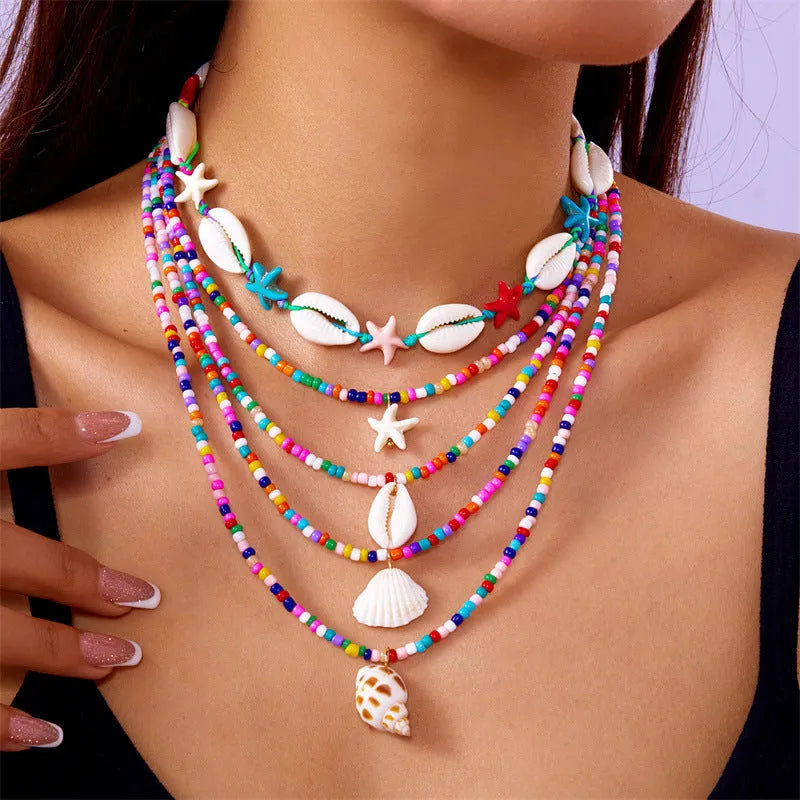 Blue and multicolour women's shell bead necklace set with five layered pieces