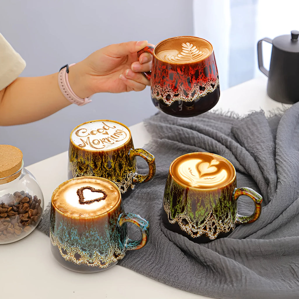 Creative large-capacity retro ceramic travel mug with 400ml capacity shown in one of four style options.