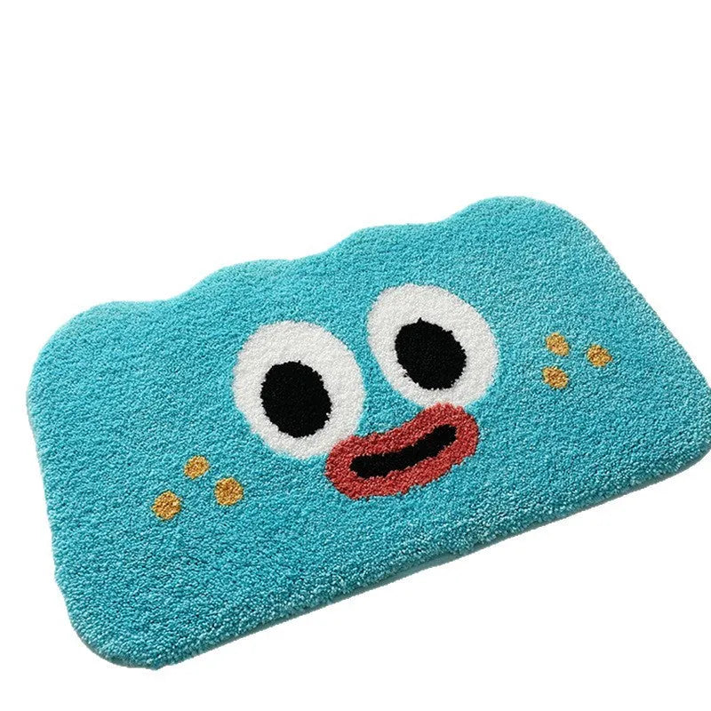 Colourful cartoon anime print bathroom mat with a soft cashmere-like texture on a bathroom floor.