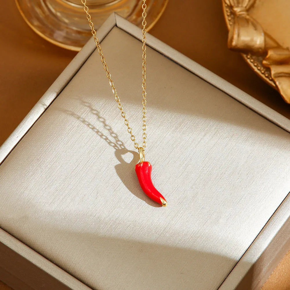 Titanium steel necklace with delicate cherry, strawberry, and pepper charms on O-ring chain