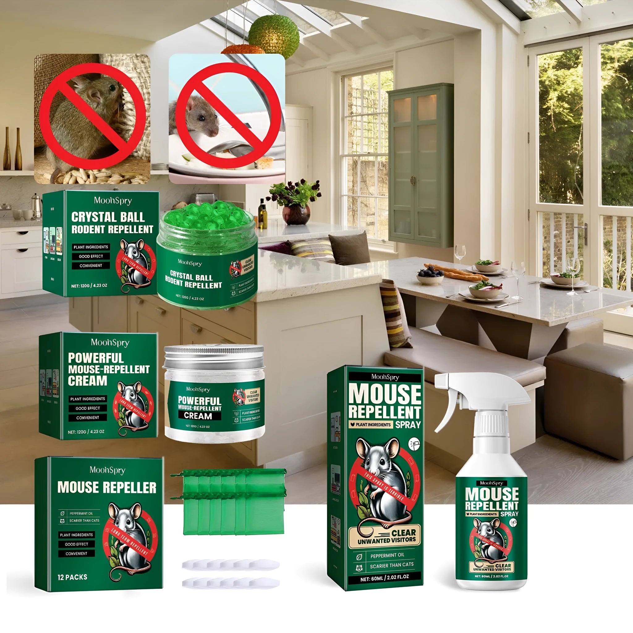 60ml bottle of rat repellent spray with essential oils for home, car and outdoor use.