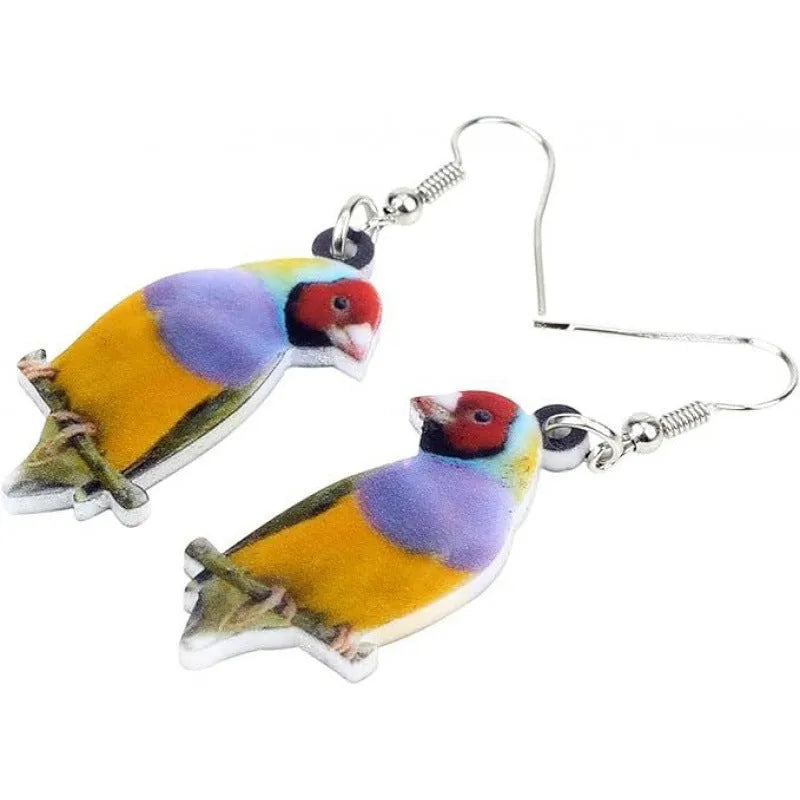 Blue titmouse pendant earrings printed on clear acrylic with animal geometry and snake design elements