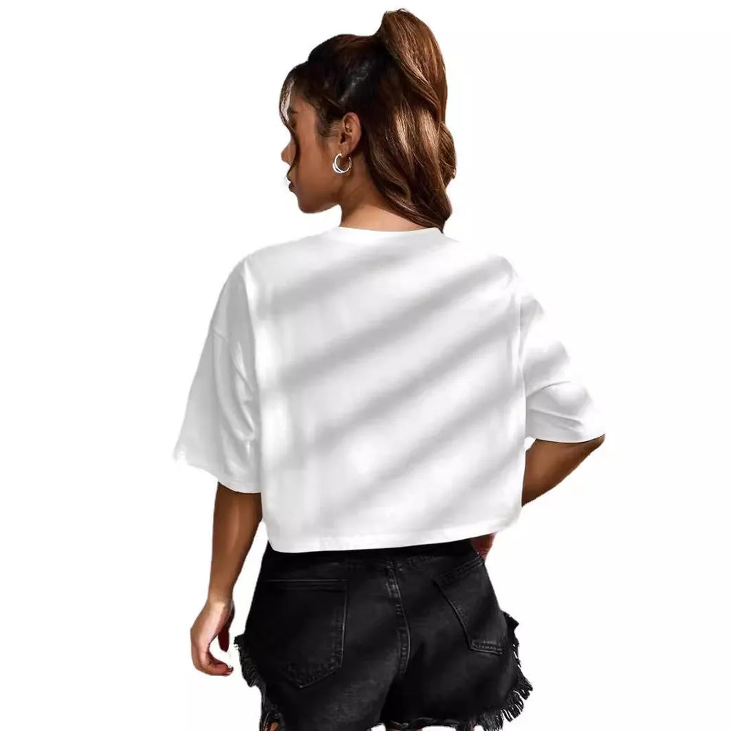 Loose cotton navel t-shirt with printed English letters in black or white, short sleeve Japanese casual summer top