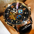 Men's black and rose gold automatic mechanical watch with transparent case back and genuine leather strap