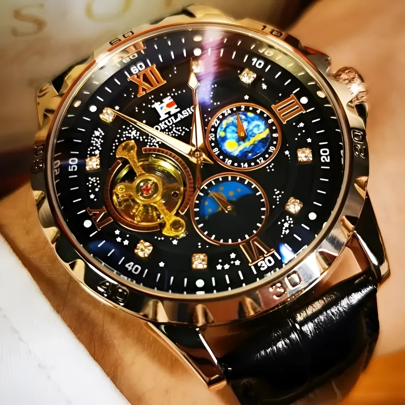 Men's black and rose gold automatic mechanical watch with transparent case back and genuine leather strap