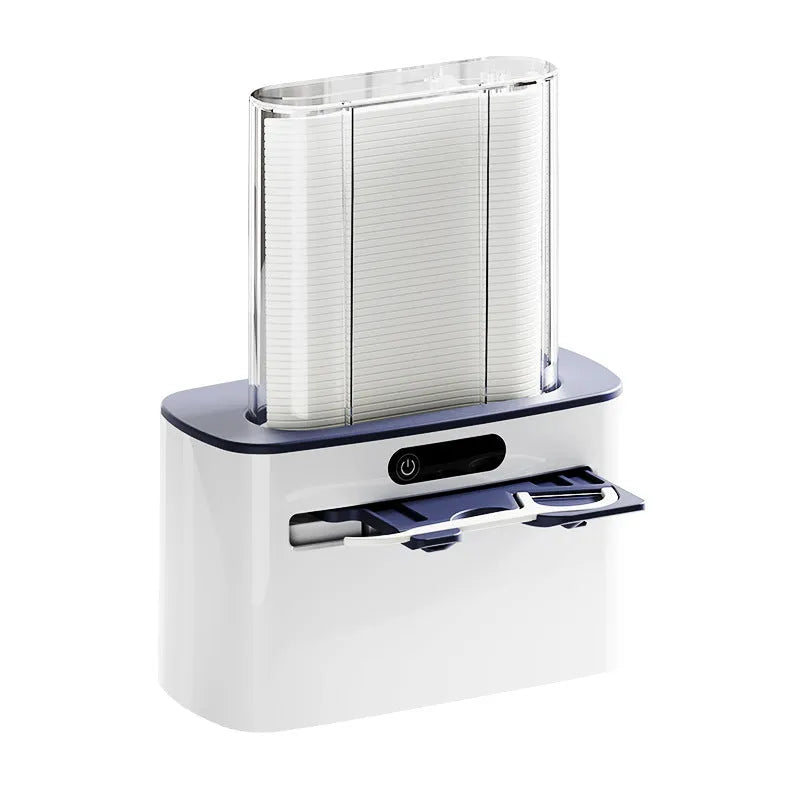 Automatic rechargeable dental floss box in dark grey, gold, and light grey colour options showing pop-up floss mechanism.