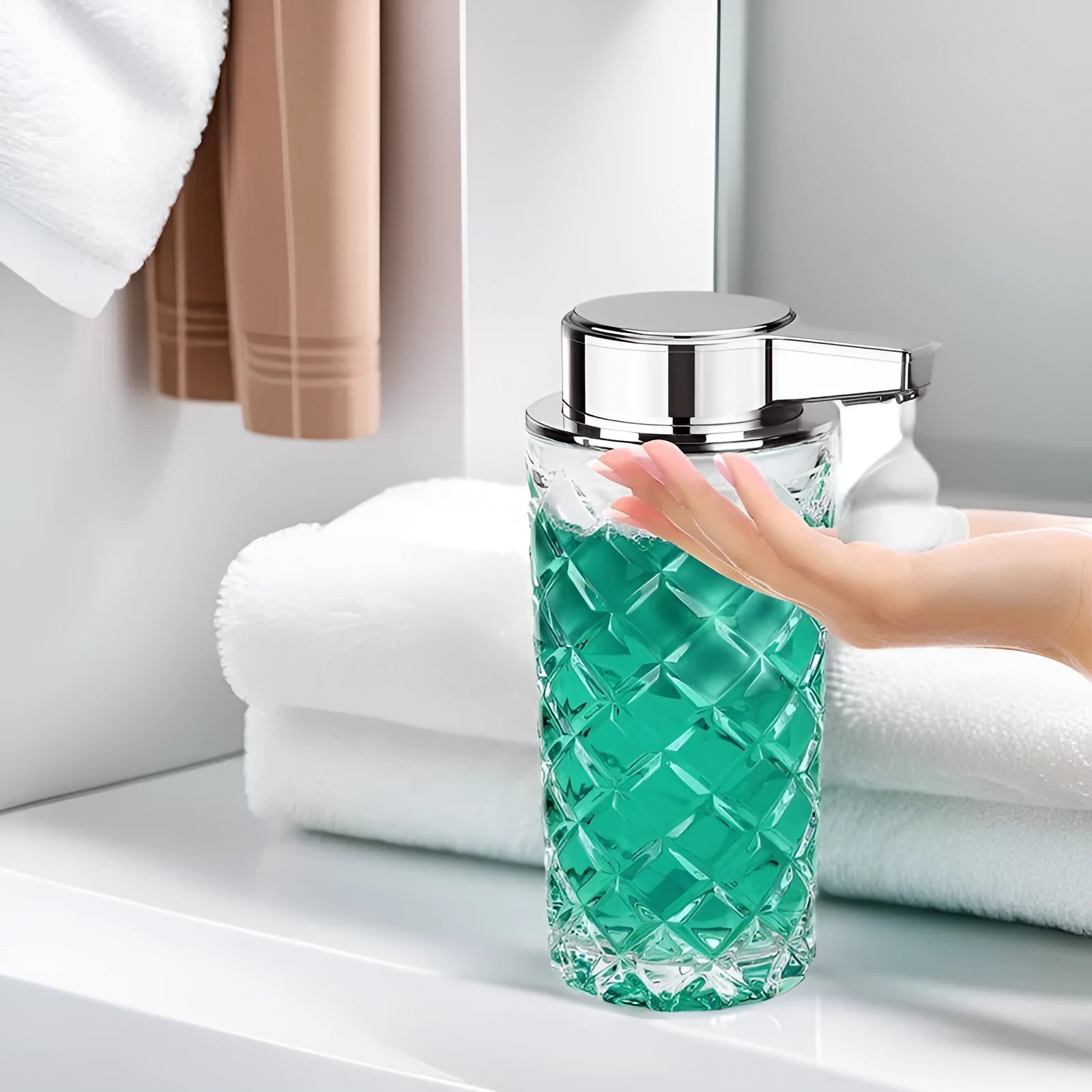Automatic touchless soap dispenser with silver-plated PET plastic shell and USB-C charging port.