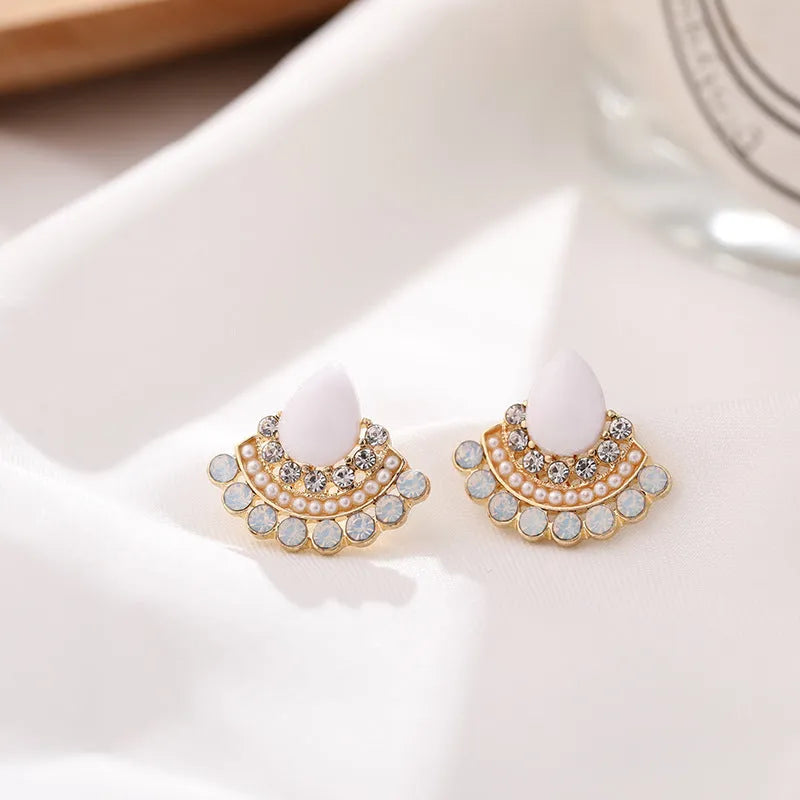 Retro sterling silver fan-shaped rhinestone earrings with geometric opal design for women