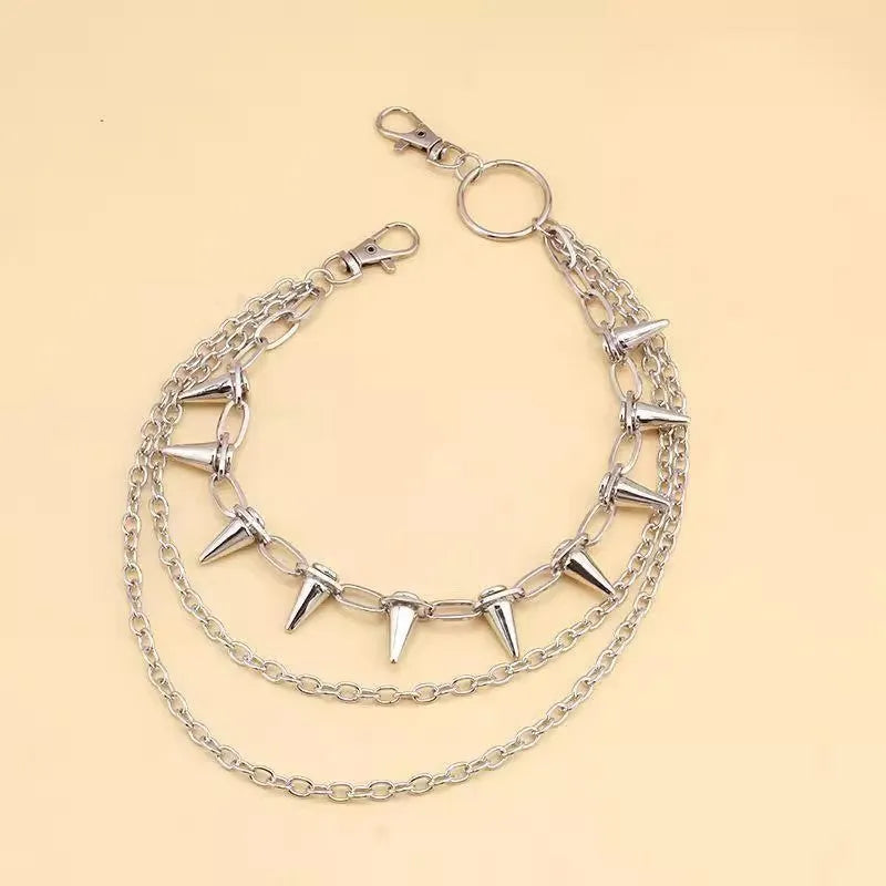 Silver double layer punk pants chain with rivets and zipper ornament, 115cm alloy hip hop accessory for women