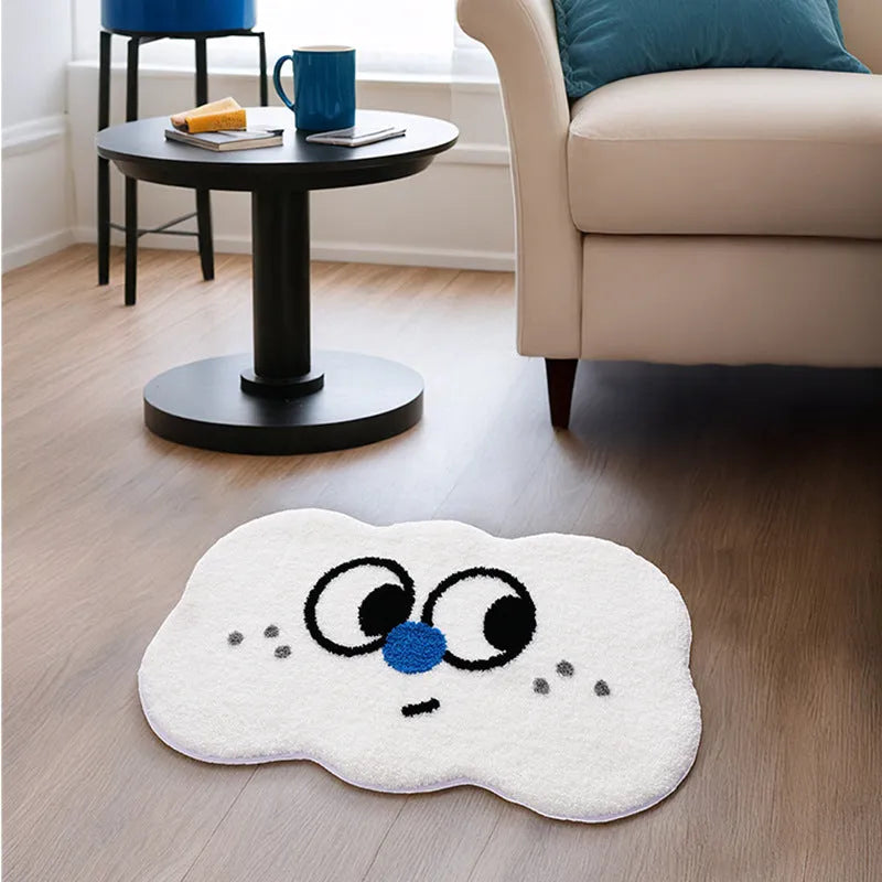 Colourful cartoon anime print bathroom mat with a soft cashmere-like texture on a bathroom floor.