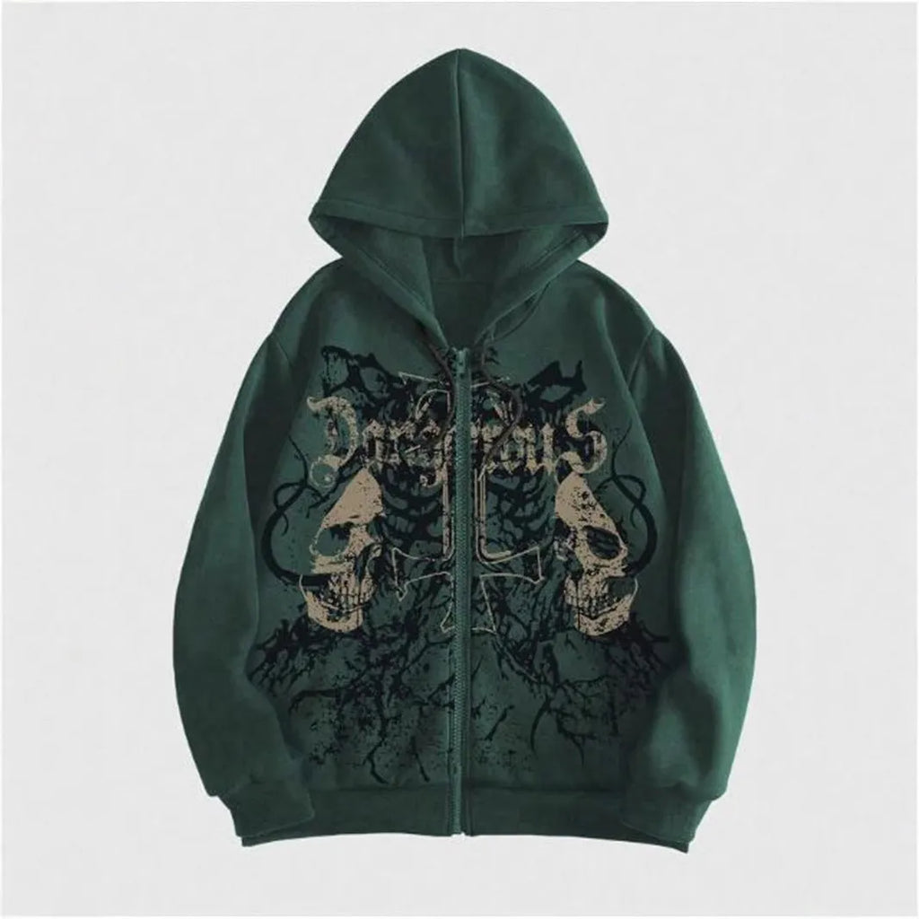 Men's black hooded sweatshirt with skull hot stamping print and Harajuku style