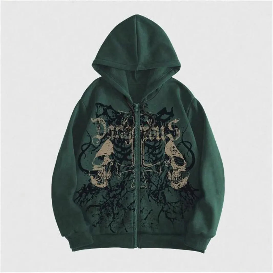Men's black hooded sweatshirt with skull hot stamping print and Harajuku style