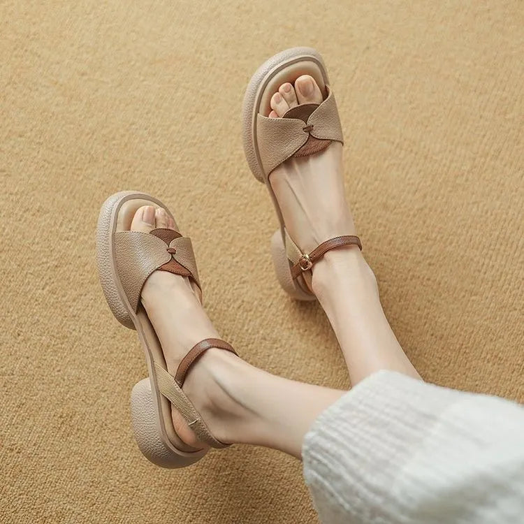Women's khaki chunky heel platform sandals with open toe and renewable leather upper.
