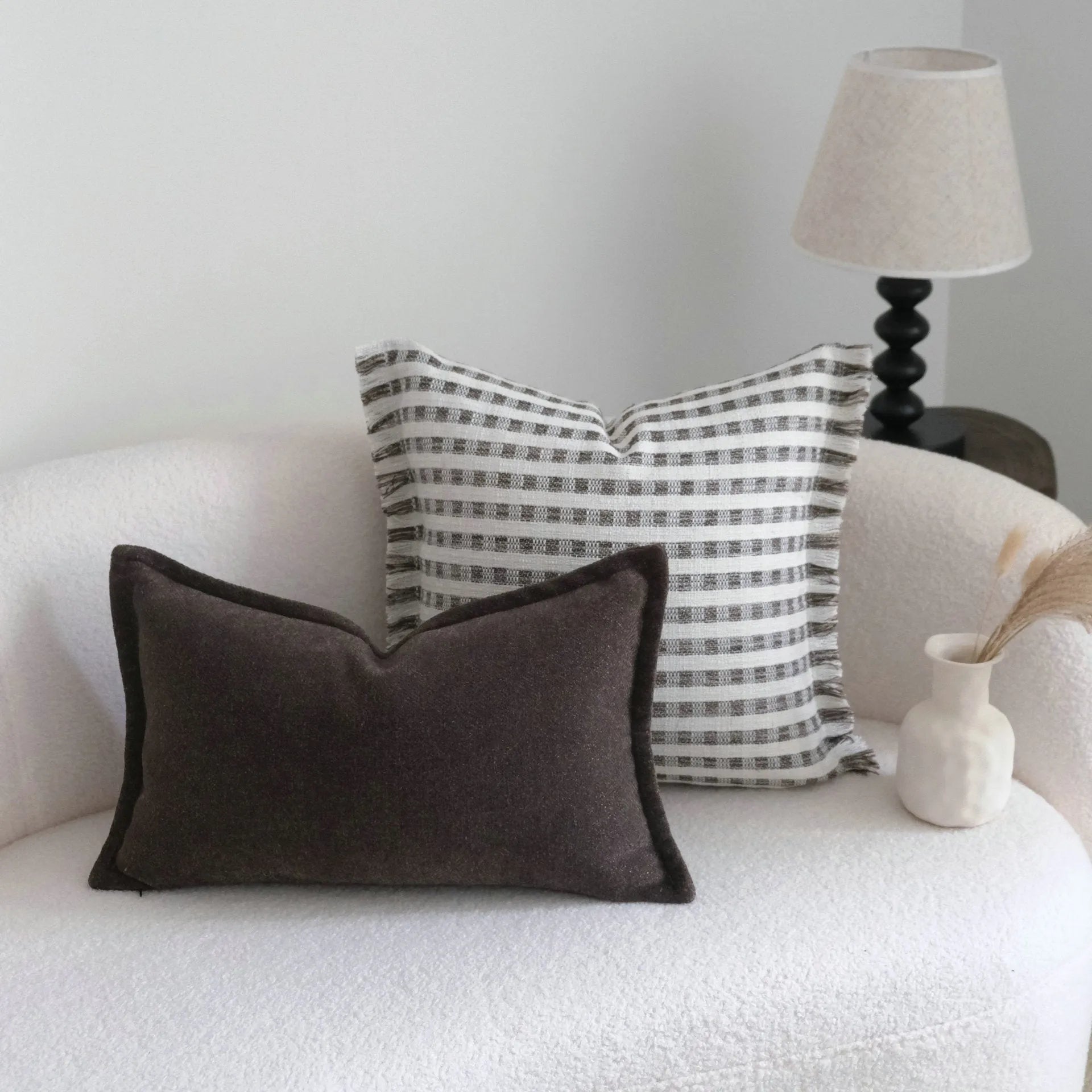 Coffee brown Chinese classical style cushion pillow on sofa in stripe and patchwork patterns