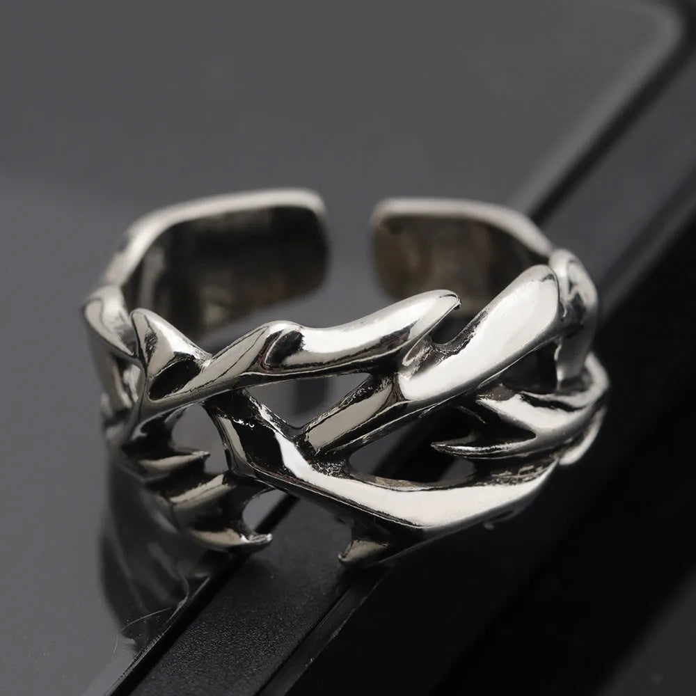Copper mens ring with geometric thorn flower pattern and adjustable opening mechanism