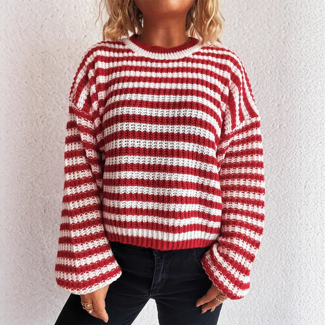 Women's vintage stripe knitted pullover sweater with round neck and long loose sleeves in polyester fabric
