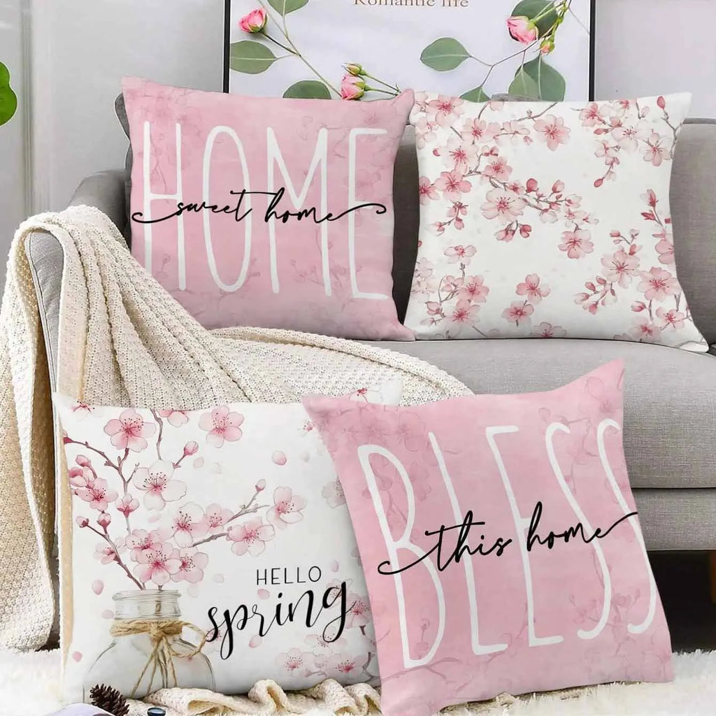 Square cherry blossom letter cushion cover in short velvet fabric, 45cm size