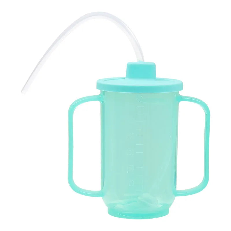 White PP plastic bedside drinking cup with slanted choke-proof spout, handle, and a blue lid