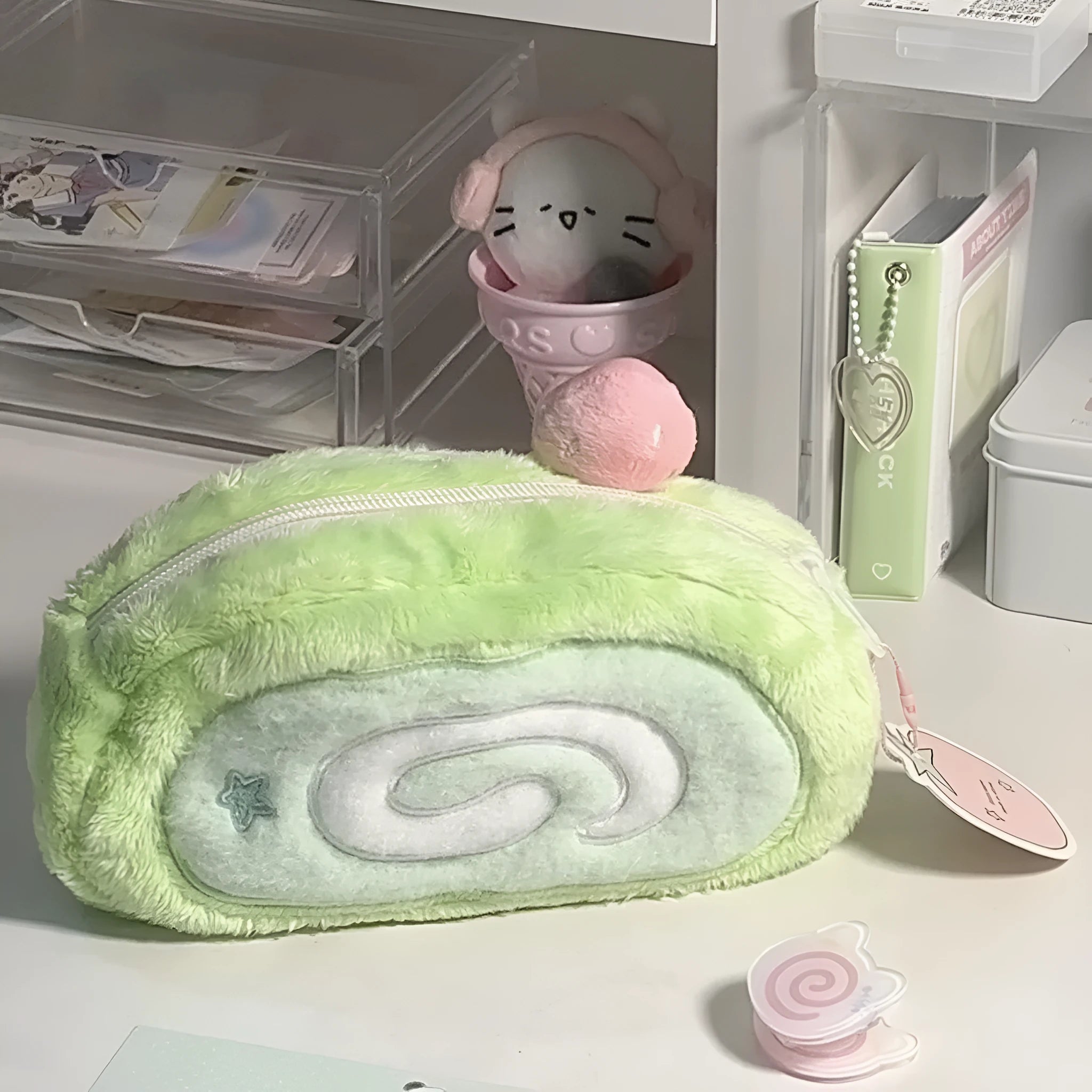Swiss roll cake design velvet pencil case in Korean style with plush polyester fabric