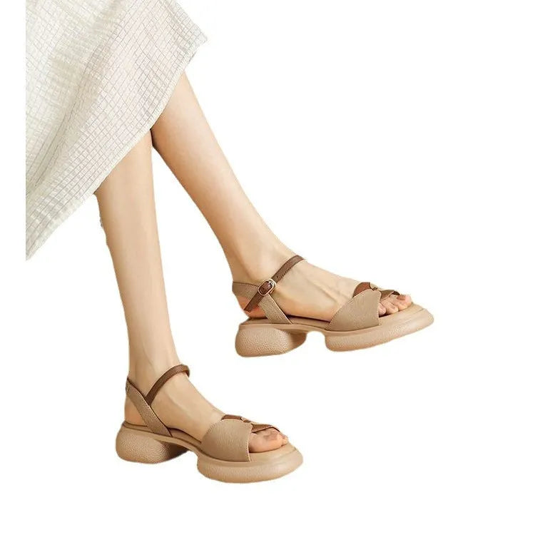 Women's khaki chunky heel platform sandals with open toe and renewable leather upper.