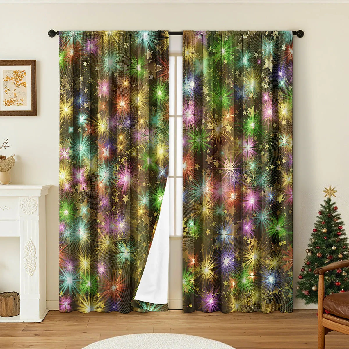 Pair of 3D digitally printed Christmas pattern polyester curtains hanging on a window.