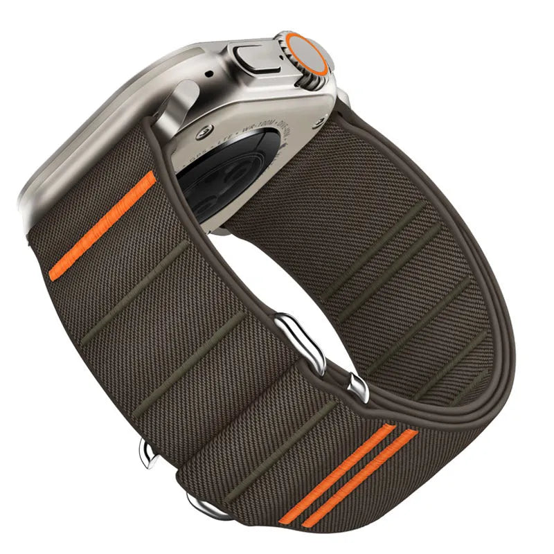 Elastic nylon watchband with stainless steel buckle for Apple Watch in multiple colour options.