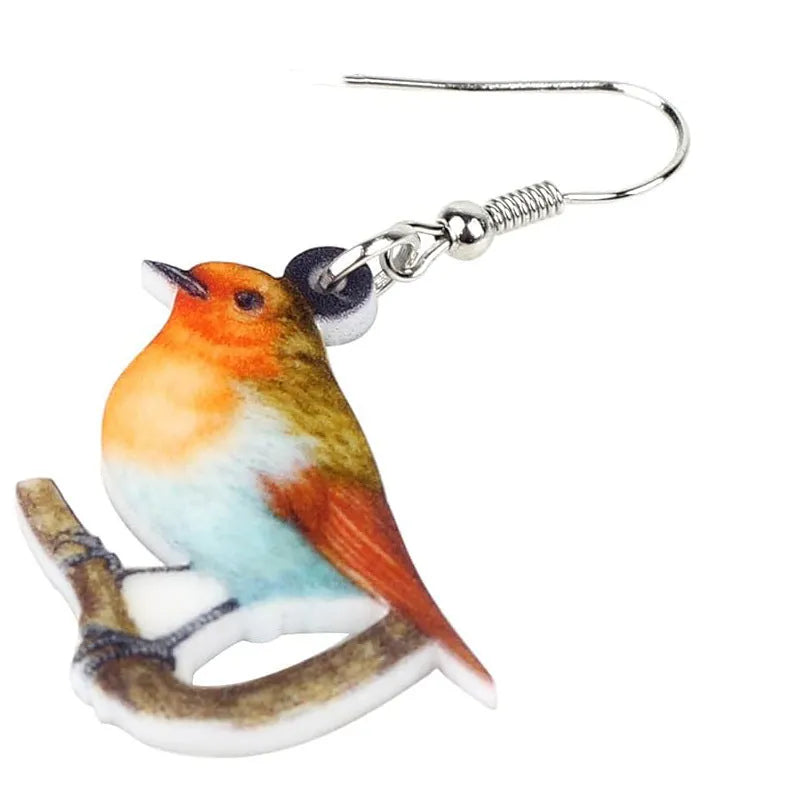 Blue titmouse pendant earrings printed on clear acrylic with animal geometry and snake design elements