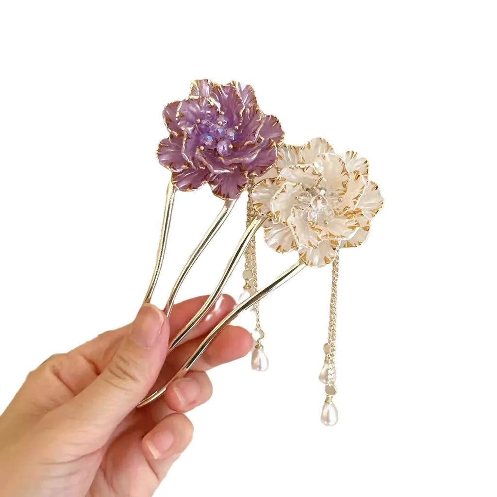 Purple and white U-shaped hairpin with peony flower and tassel decoration, electroplated alloy construction