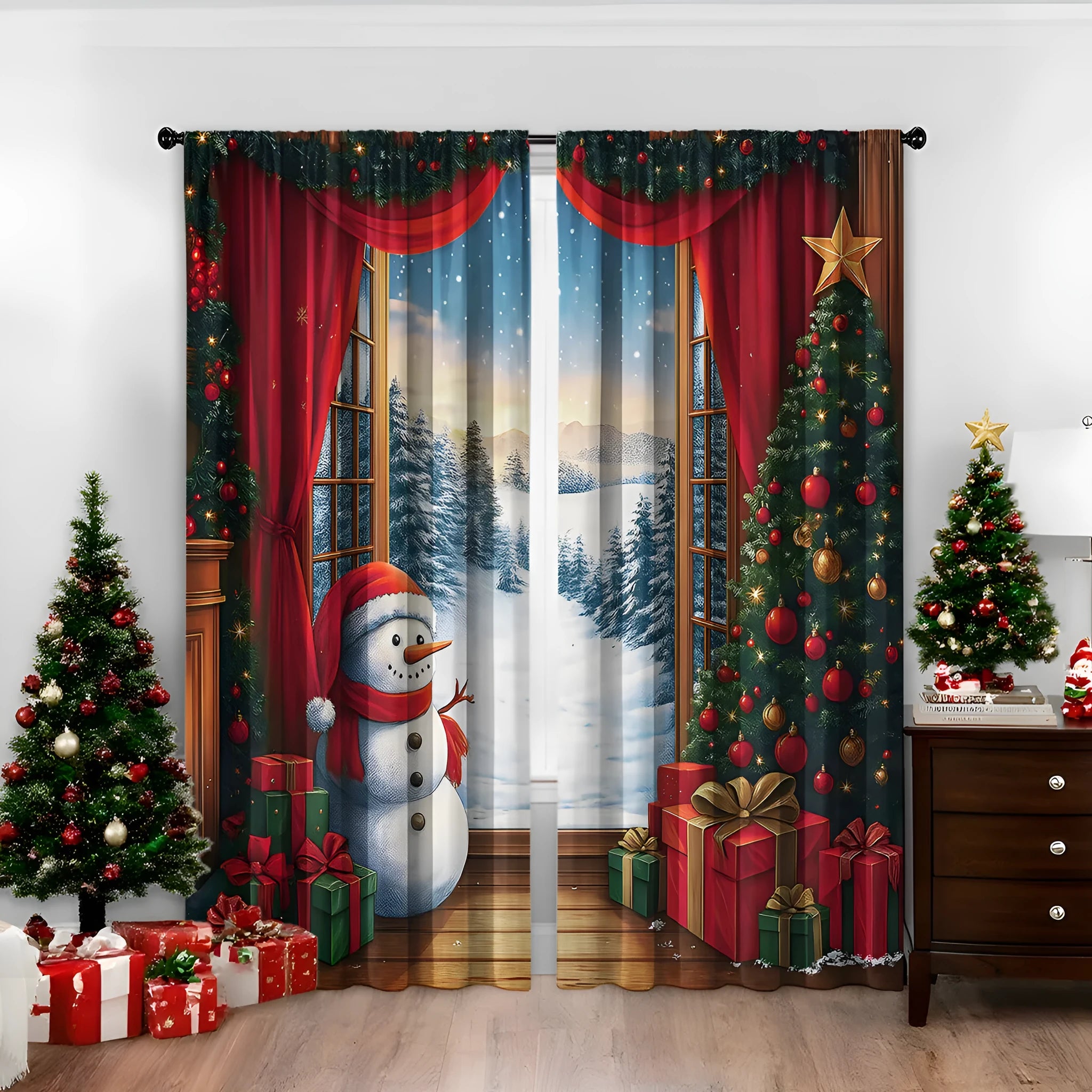 3D digitally printed Christmas curtains in polyester fabric with high sunshade functionality