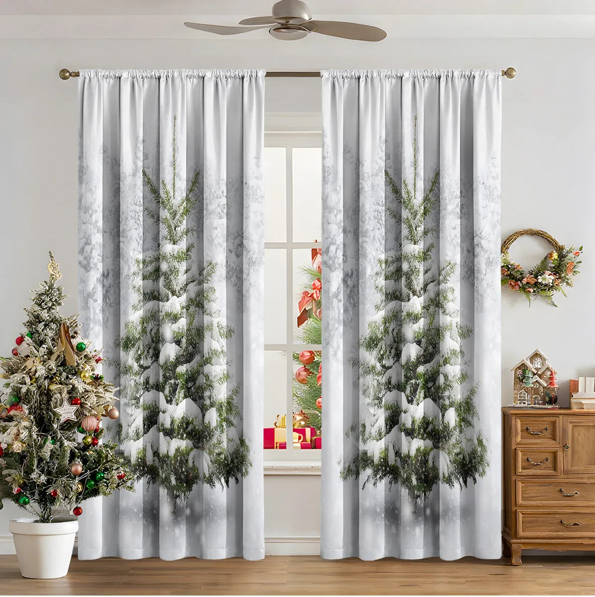 3D digitally printed Christmas curtains in polyester fabric with high sunshade functionality