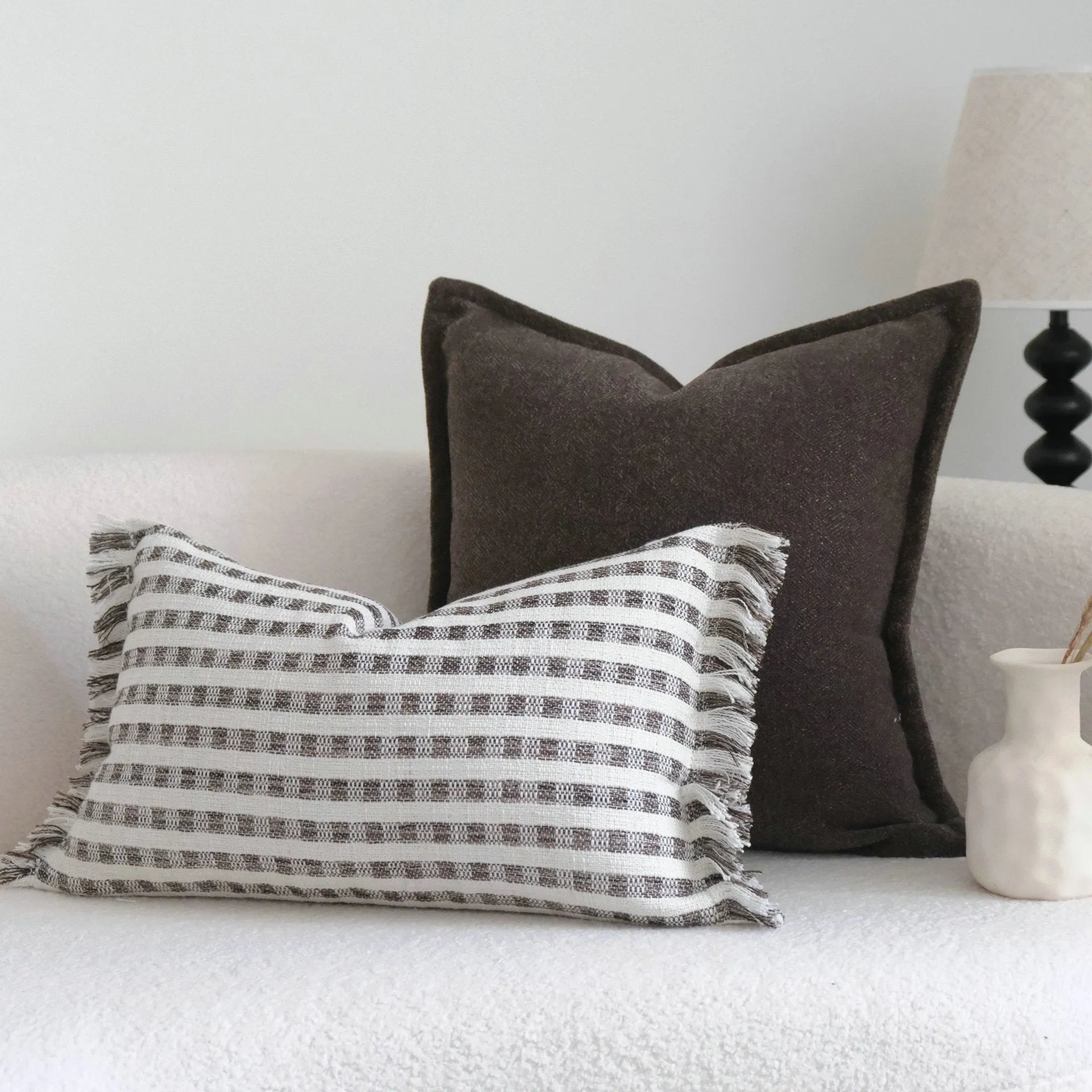 Coffee brown Chinese classical style cushion pillow on sofa in stripe and patchwork patterns