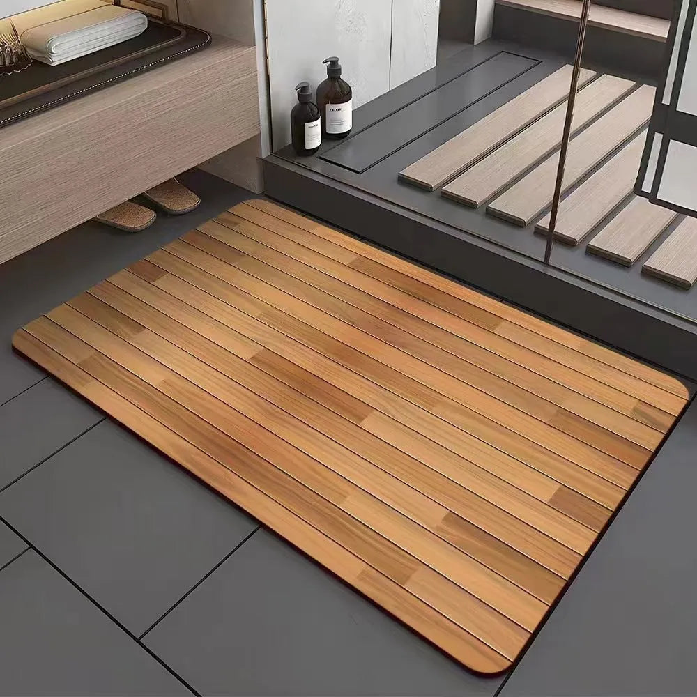 American wood grain pattern diatom mud washroom door mat with geometric design and non-slip surface