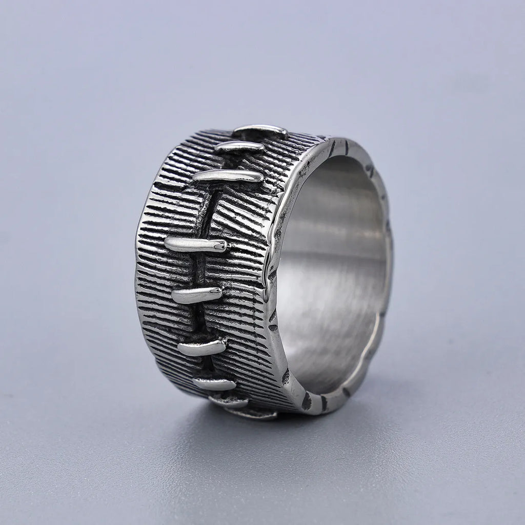 Geometric U-shaped titanium steel punk ring with double-ring construction in dark retro colour.