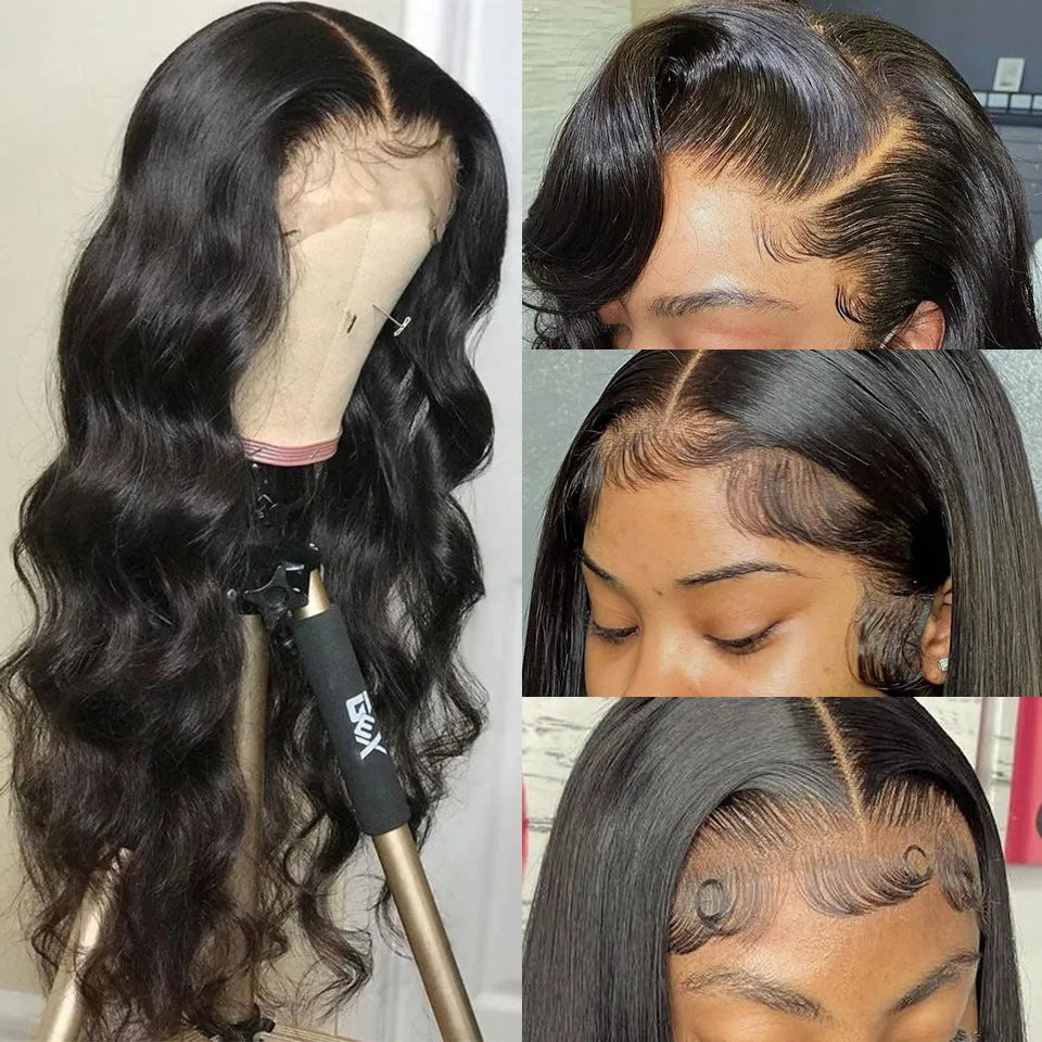 Black synthetic front lace wig with long curly hair and side bangs, shown on a model.