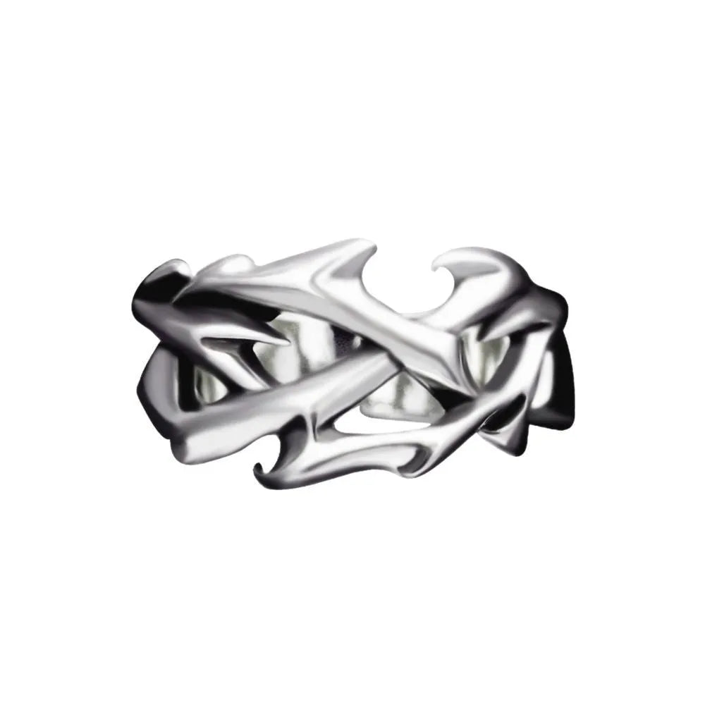 Copper mens ring with geometric thorn flower pattern and adjustable opening mechanism