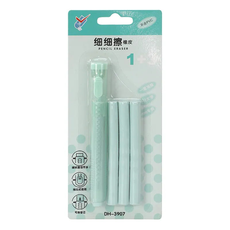 Push-type automatic children's eraser in blue, green, pink or purple, measuring 12 by 8 centimetres