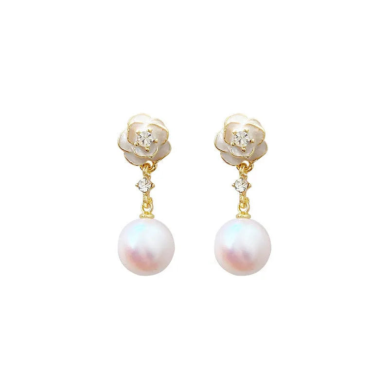 Camellia flower stud earrings for women with alloy construction and floral design