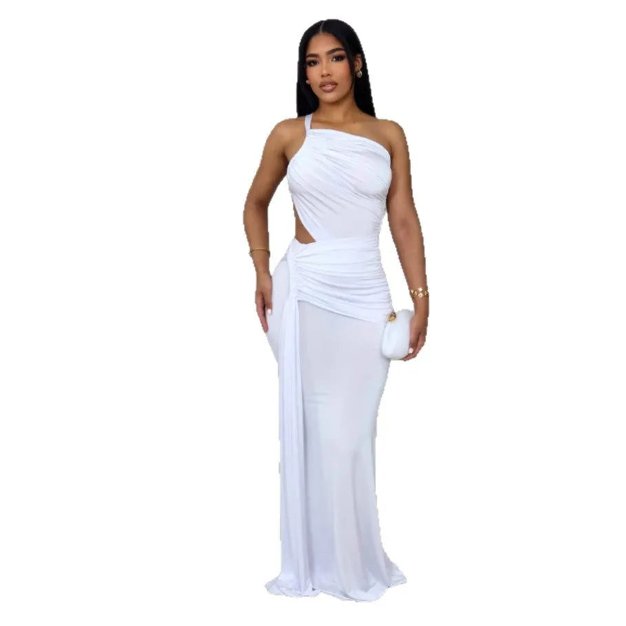 Women's one shoulder pleated dress in milk silk polyester fabric, sleeveless with hip skirt silhouette