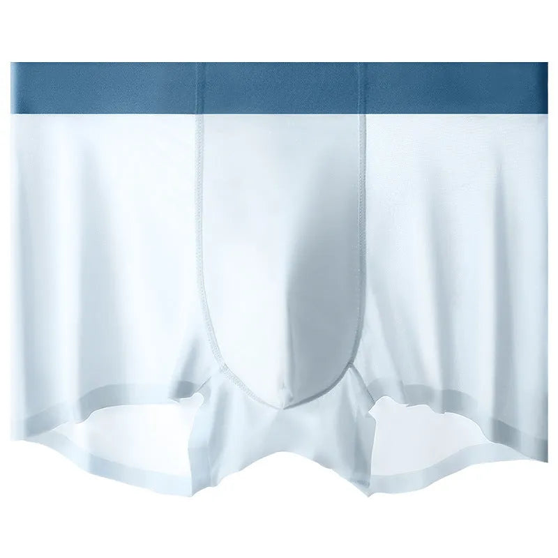 Men's ice silk graphene shorts in light blue colour showing seamless design and mid-waist fit.