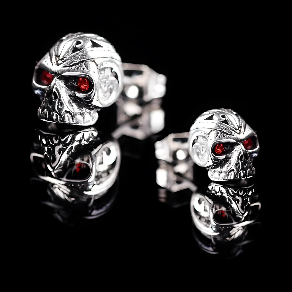 Retro skull stud earrings with red eye ghost head design and gemstone inlay